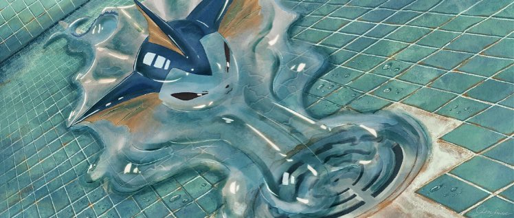 :3 animal_focus black_sclera blue_background blue_theme closed_mouth colored_sclera drain_(object) dutch_angle game_freak gen_1_pokemon gyura indoors liquid melting nintendo no_humans pokemon pokemon_(creature) shiny_skin solo tile_floor tile_wall tiles vaporeon white_eyes