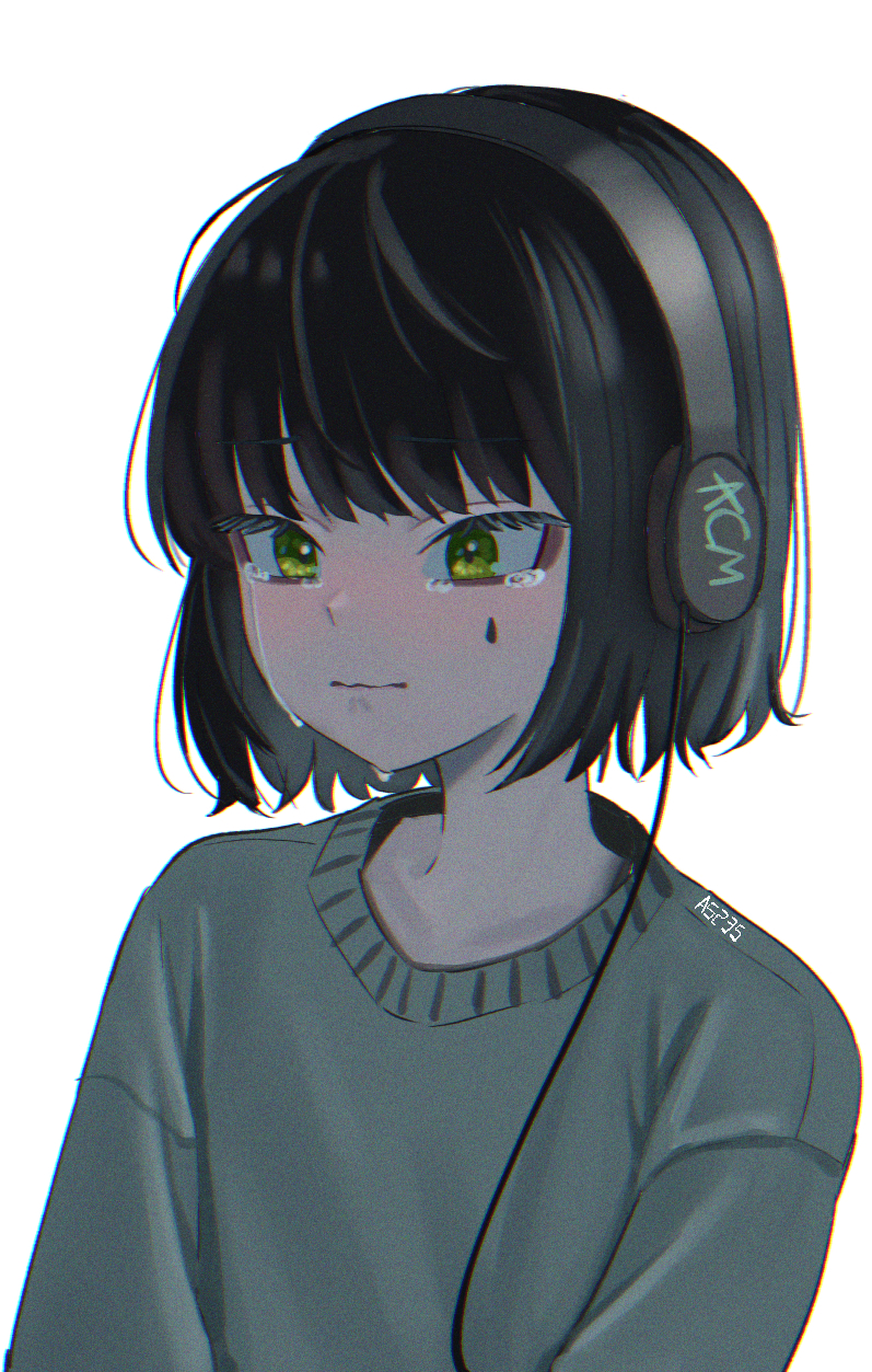 a5235 closed_mouth death_hammer_chouloky green_eyes headphones highres long_sleeves short_hair simple_background solo teardrop teardrop_facial_mark tears virtual_youtuber waktaverse white_background