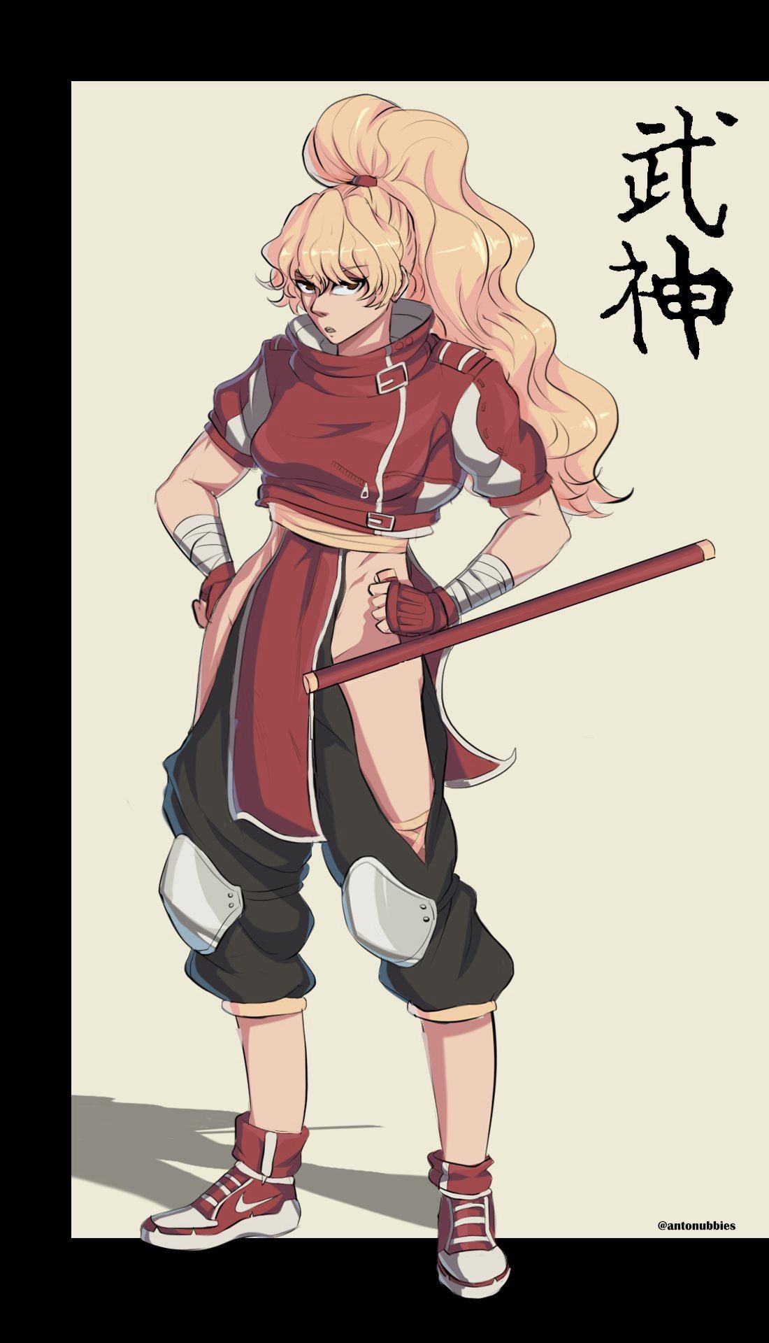 1girl antonubbies bandaged_arm bandages black_pants blonde_hair breasts brown_eyes final_fight final_fight_2 fingerless_gloves genryuusai_maki gloves hands_on_own_hips highres hip_vent holding holding_weapon knee_pads nike_(company) ninja pants ponytail red_shirt red_shoes shirt shoes street_fighter tomboy tonfa weapon white_background