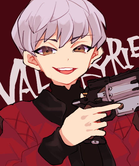 1girl animification apex_legends b3_wingman black_sweater brown_eyes character_name gun hair_behind_ear handgun holding holding_gun holding_weapon jacket looking_at_viewer official_alternate_costume open_mouth portrait red_background red_jacket revolver riku_(ururi7610) smile solo sweater trigger_discipline valkyrie_(apex_legends) weapon