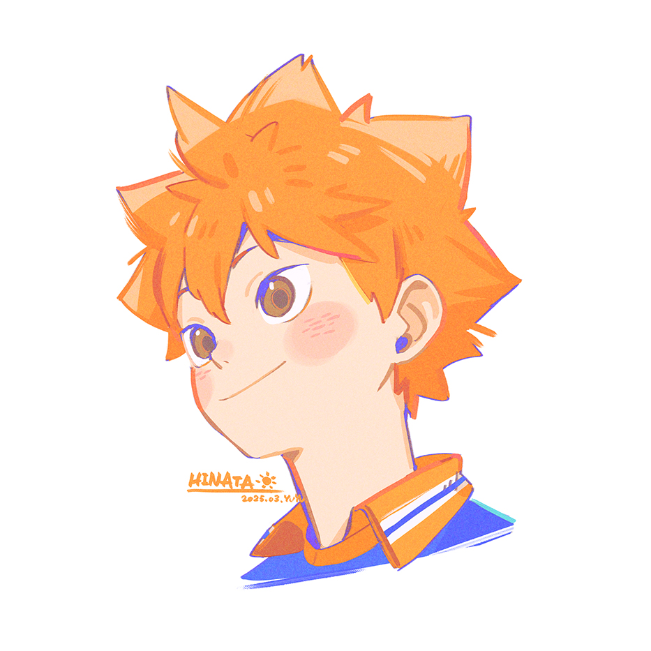 1boy blush brown_eyes character_name closed_mouth collared_shirt commentary_request cropped_shoulders dated haikyuu!! hair_between_eyes hinata_shouyou looking_ahead male_focus orange_hair shirt short_hair simple_background smile solo spiked_hair white_background wing_collar yuyu_(yuyudesu0806)