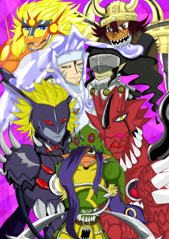apollomon armor big_death-stars claws death_generals digimon digimon_(creature) dorbickmon dragon gravimon helmet horns looking_at_viewer neovamdemon olegmon open_mouth sharp_teeth smile splashmon teeth zamielmon