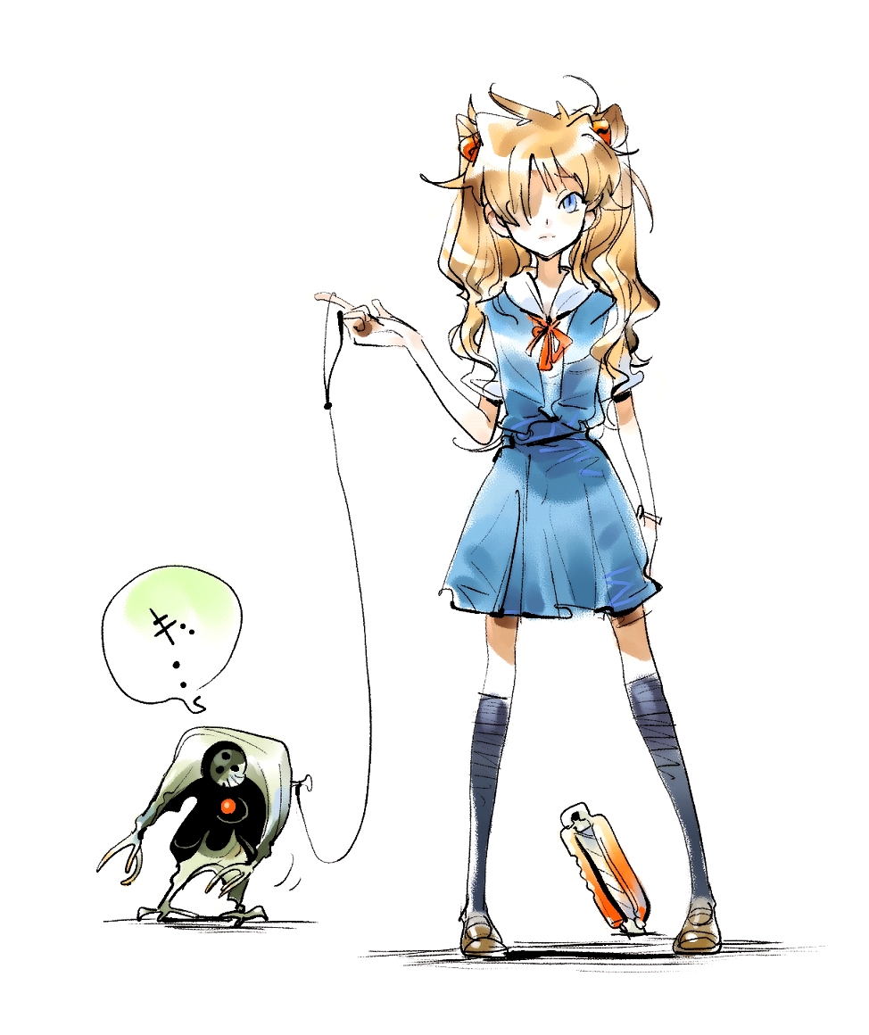 angel_(evangelion) blue_eyes boxcutter dabosu hair_over_one_eye israfel_(evangelion) neon_genesis_evangelion red_hair school_uniform souryuu_asuka_langley twintails