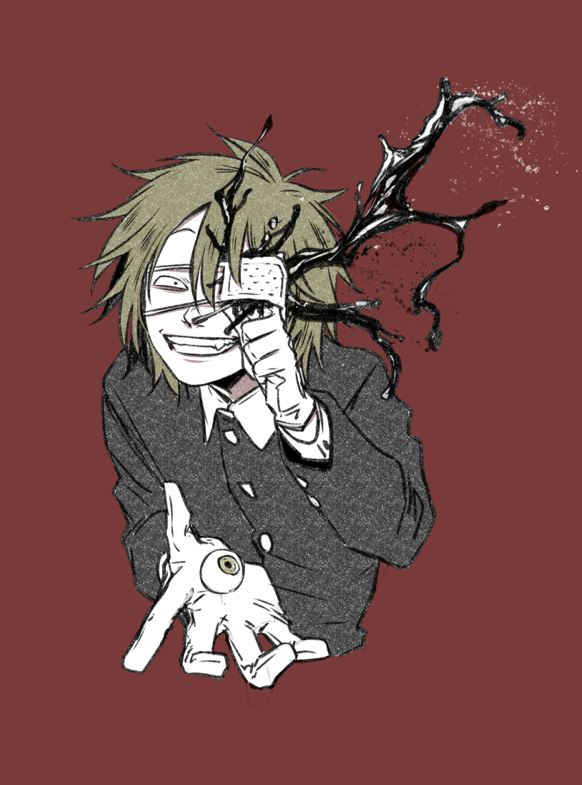 1boy black_blood black_coat bleeding blood coat commentary_request cropped_torso eyeball eyepatch fang green_hair grin holding_eyeball looking_at_viewer male_focus medical_eyepatch randal&#039;s_friends randal_ivory red_background short_hair simple_background smile solo tsukasa_(tsukasa_mimizuku) upper_body