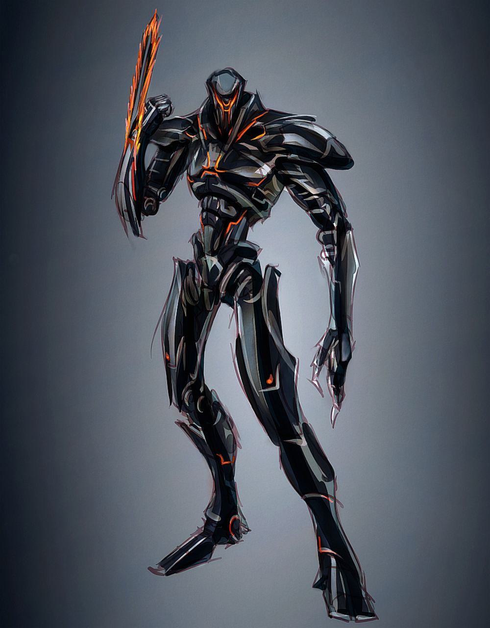 aura black_background body_markings byneet chainsaw claws cyborg energized_weapon energy full_body giant giant_monster giant_robot glowing glowing_markings glowing_weapon grey_background highres jaeger_(pacific_rim) kaiju legendary_pictures looking_at_viewer mecha monster obsidian_fury orange_eyes pacific_rim pacific_rim_uprising plasma plasma_chainsaw robot simple_background two-tone_background weapon