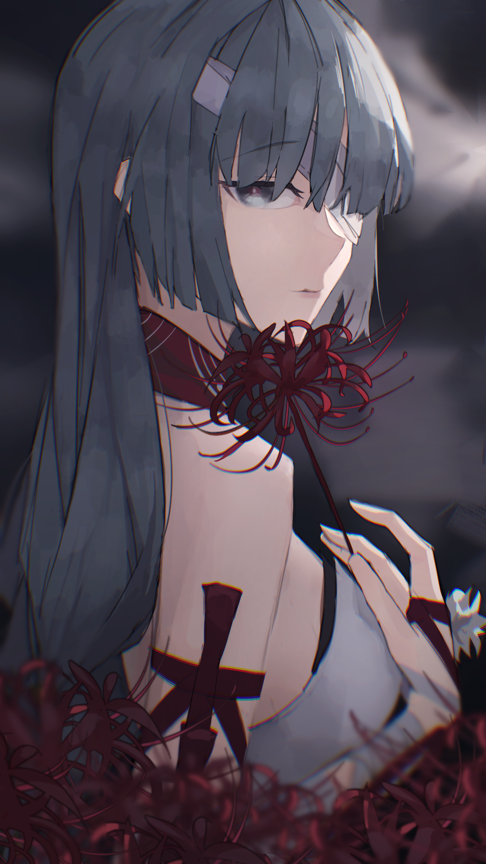 1girl bandage_over_one_eye bare_shoulders blurry blurry_background breasts chromatic_aberration closed_mouth commentary double_slash_(uphx3853) flower from_side grey_eyes grey_hair hand_up highres holding holding_flower long_hair looking_at_viewer looking_to_the_side medium_breasts phrolova_(wuthering_waves) solo spider_lily wuthering_waves