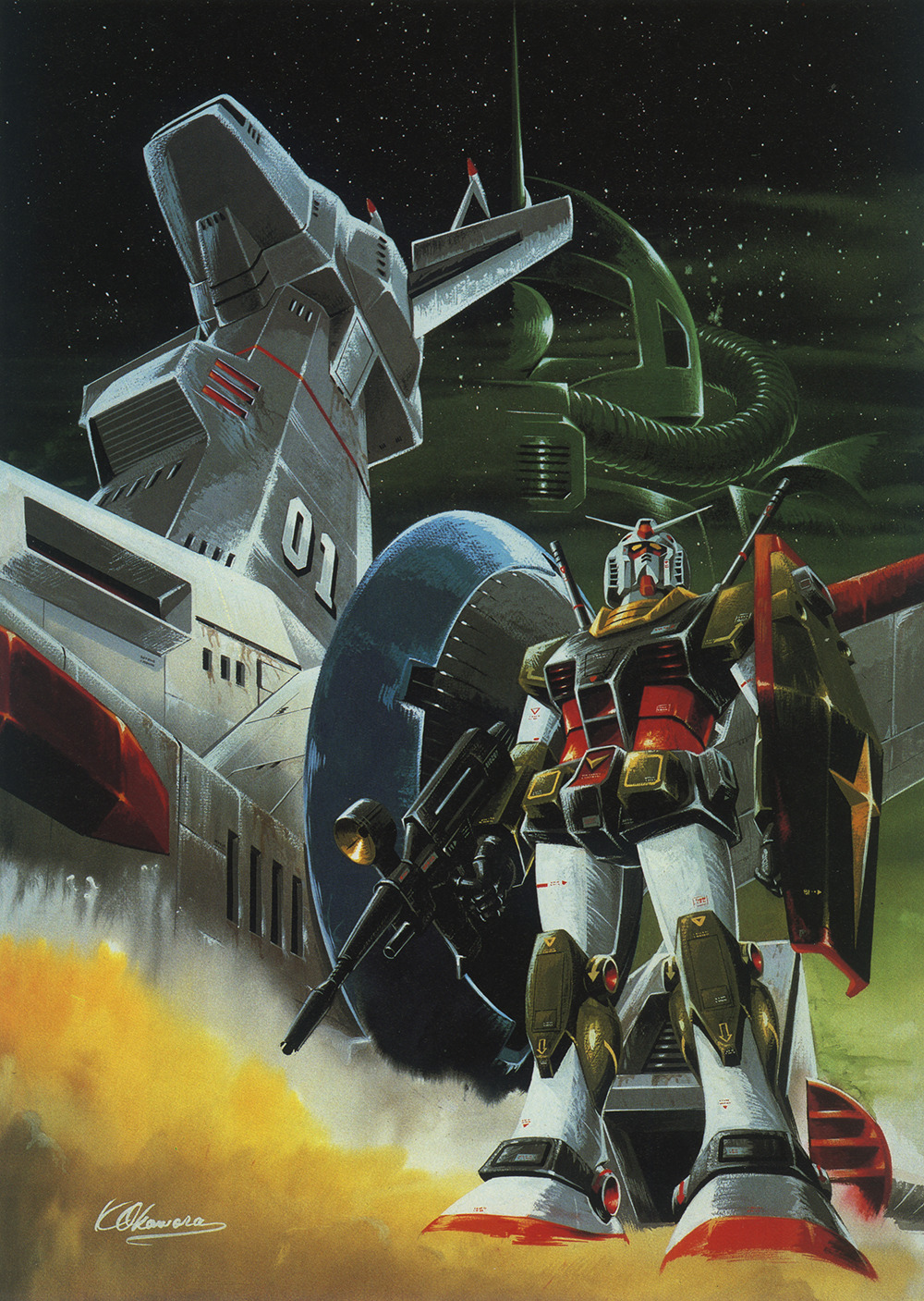 1970s_(style) 1980s_(style) beam_rifle concept_art earth_federation energy_gun gundam highres looking_at_viewer machinery mecha military mobile_suit mobile_suit_gundam no_humans official_art oldschool ookawara_kunio painting_(medium) production_art promotional_art prototype_gundam radar_dish radio_antenna radome retro_artstyle robot roundel rx-78-2_gundam scan science_fiction shield signature spacecraft traditional_media weapon white_base window zaku_ii_s_char_custom zeon
