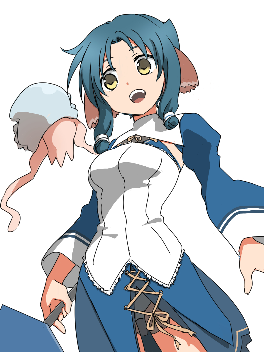 1girl animal_ears aquaplus atuy blue_hair breasts cowboy_shot dress frilled_dress frills from_below highres holding holding_polearm holding_spear holding_weapon jellyfish kurarin_(utawarerumono) long_sleeves looking_at_another medium_breasts mmsyuma open_mouth parted_bangs polearm raised_eyebrows see-through_clothes see-through_dress short_hair_with_long_locks sidelocks spear standing teeth thighs tongue utawarerumono utawarerumono:_itsuwari_no_kamen utawarerumono:_lost_flag weapon wide_sleeves yellow_eyes