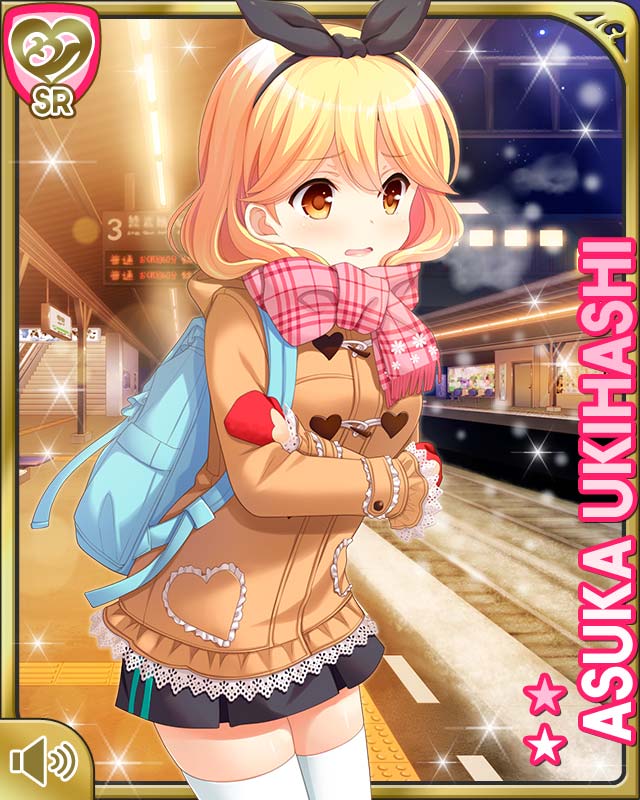 1girl backpack bag blonde_hair bow bowtie breasts brown_eyes card_(medium) coat cold day enpera girlfriend_(kari) grey_shirt grey_skirt hair_bow medium_breasts mittens official_art open_mouth orange_bow outdoors pink_scarf plaid_clothes plaid_scarf qp:flapper red_mittens scarf school_uniform shirt short_hair skirt solo tagme thighhighs train_station ukihashi_asuka white_thighhighs winter_clothes winter_coat zettai_ryouiki