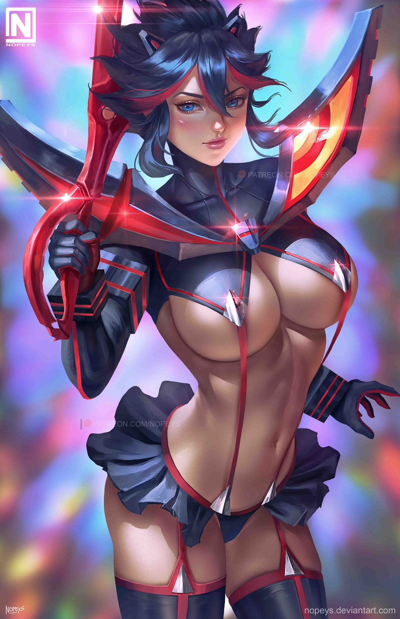artist_name ass black_hair black_skirt blue_eyes blurry blurry_background blush boots breasts cleavage closed_mouth colored_inner_hair commentary commission covered_collarbone cowboy_shot deviantart_username english_commentary eyeshadow hair_between_eyes hair_ornament highres holding holding_sword holding_weapon kill_la_kill large_breasts life_fiber lips living_clothes looking_at_viewer makeup matoi_ryuuko miniskirt multicolored_hair navel nopeys paid_reward_available patreon_logo patreon_username red_eyes red_suspenders revealing_clothes scissor_blade_(kill_la_kill) senketsu signature skirt sparkle stomach streaked_hair sword thick_thighs thighhighs thighhighs_under_boots thighs underboob weapon