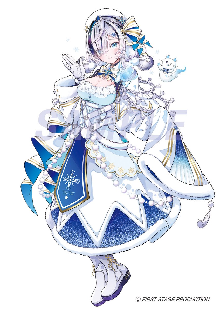 1girl ahoge arm_up belt_around_waist black_choker black_hair blue_eyes boots breasts choker cleavage cross_hair_ornament crystal_hair_ornament dress first_stage_production full_body ghost gloves grey_hair hair_ornament hair_over_one_eye hair_ribbon hat large_breasts large_ribbon layered_dress light_blush long_sleeves looking_at_viewer mascot multicolored_hair muto_(n0sug4r) neck_ribbon ribbon rope single_sleeve_past_fingers sleeves_past_fingers sleeves_past_wrists smile snowflake_hair_ornament snowflake_print snowflakes solo streaked_hair virtual_youtuber waist_ribbon watermark white_background white_boots white_dress white_gloves white_hair white_hat white_ribbon yuyu_yura