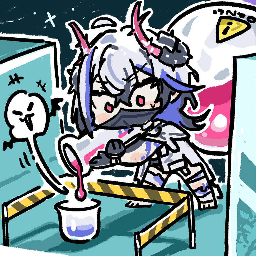 1girl beaker belladonna_(neural_cloud) blue_hair caution_tape chibi chibi_only chinese_commentary cui_pi_zha_xia_qiu dripping girls&#039;_frontline girls&#039;_frontline_neural_cloud horns mask mouth_mask official_art red_eyes second-party_source sign solo thorns vial warning_sign white_hair