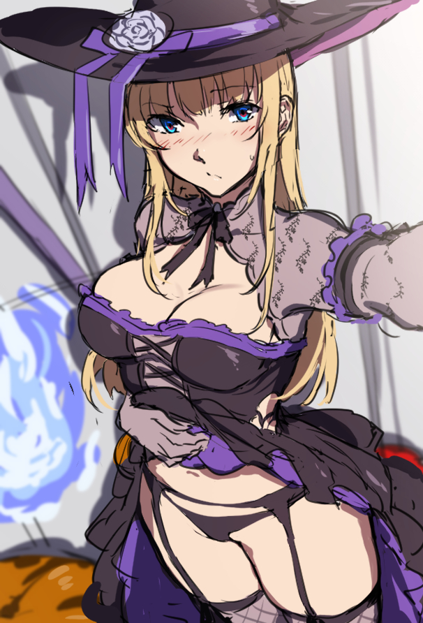 1girl black_dress black_panties blonde_hair blue_eyes blush breasts closed_mouth clothes_lift dress evelysse_(star_ocean) fishnet_thighhighs fishnets gloves halloween halloween_costume hat long_hair looking_at_viewer medium_breasts nagioka panties skirt skirt_lift solo star_ocean star_ocean_anamnesis thighhighs underwear witch_hat