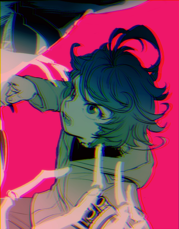 1girl ahoge chromatic_aberration emma_(yakusoku_no_neverland) eyelashes heavy_chromatic_aberration hood hood_down long_sleeves looking_ahead messy_hair monochrome open_mouth pink_background punching qin_(7833198) short_hair skeletal_hand solo upper_body yakusoku_no_neverland