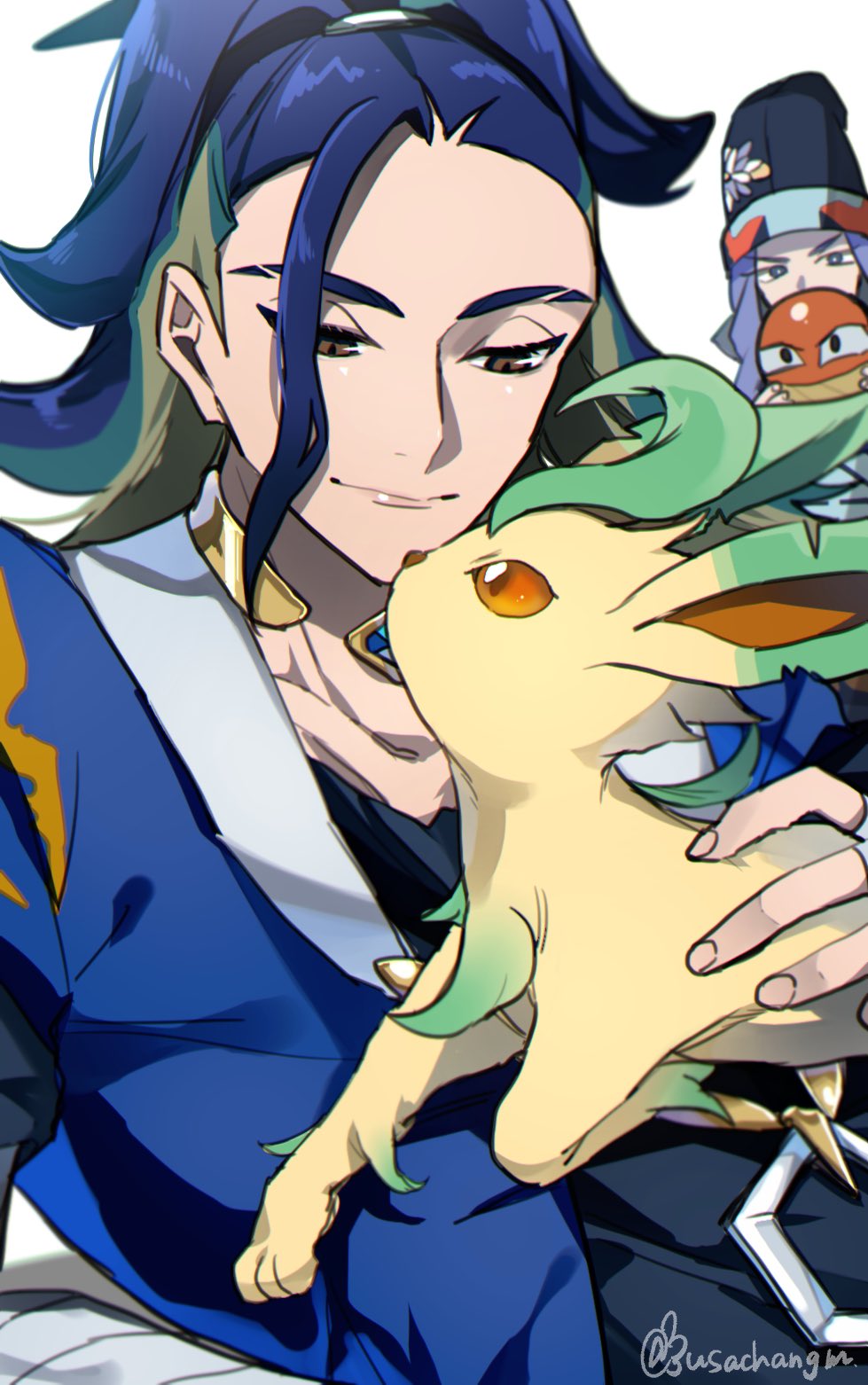 2boys adaman_(pokemon) bad_id bad_twitter_id black_shirt blue_coat blue_hair brown_eyes closed_mouth coat collar commentary_request eyebrow_cut fingernails floral_print gen_4_pokemon green_hair half-closed_eyes highres hisuian_voltorb holding holding_pokemon jewelry leafeon looking_down male_focus melli_(pokemon) multicolored_hair multiple_boys neck_ring nintendo pokemon pokemon_(creature) pokemon_legends:_arceus ponytail shirt smile twitter_username usachangm white_background