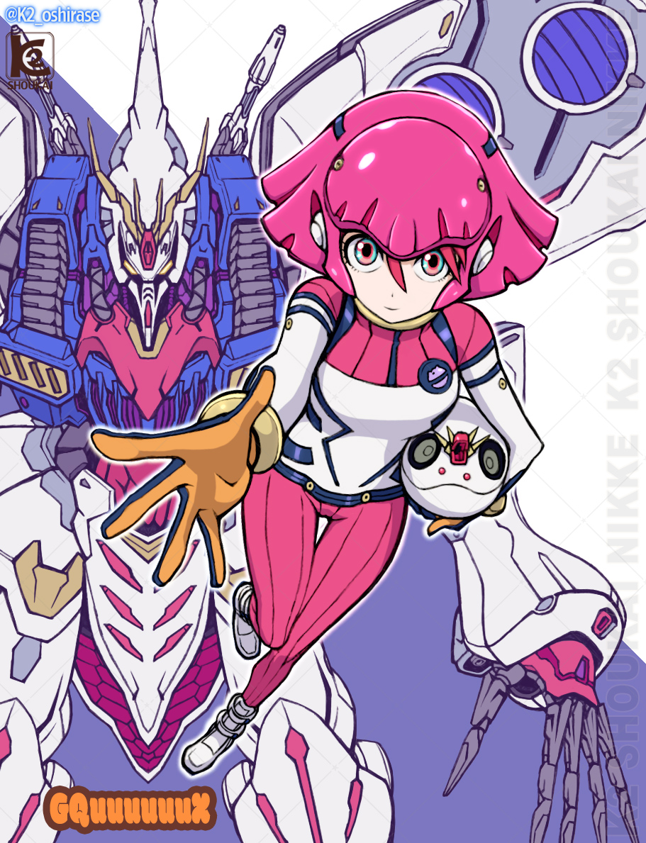 1girl amate_yuzuriha aqua_eyes gloves gquuuuuux gundam gundam_gquuuuuux haman_karn haro k2_shokai looking_at_viewer mecha_pilot_suit parody qubeley red_hair robot science_fiction short_hair solo zeta_gundam