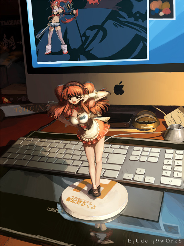 00s 2girls alternate_costume apple_inc. asahina_mikuru breasts brown_eyes brown_hair cleavage computer drawing_tablet enmaided figure imac computer_keyboard large_breasts maid multiple_girls nekkeau photo-referenced photorealistic realistic red_hair short_shorts shorts suzumiya_haruhi_no_yuuutsu tengen_toppa_gurren_lagann thighhighs v v_over_eye wacom yoko_littner