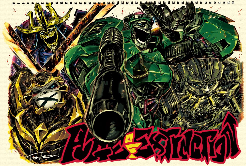 autobot bumblebee_(transformers) commentary copyright_name crosshairs_(transformer) drift_(transformers) gun helmet holding holding_weapon hound_(transformers) kotteri looking_at_viewer mecha rifle robot smile sword transformers transformers:_age_of_extinction transformers_(live_action) weapon