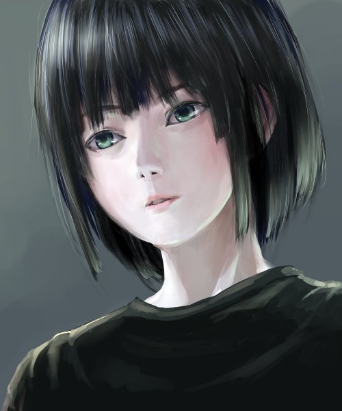 1other androgynous black_hair black_shirt bob_cut commentary_request green_eyes grey_background kabutoyama original other_focus parted_lips portrait realistic shirt solo
