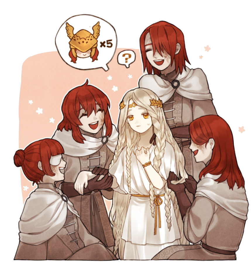 1boy 4girls ? amy,_third_sister_(elden_ring) blonde_hair braid brother_and_sister brown_gloves brown_tunic cloak elden_ring eyepatch gloves hair_over_one_eye helmet long_hair malenia_blade_of_miquella mary,_eldest_sister_(elden_ring) maureen,_second_sister_(elden_ring) miquella_(elden_ring) multiple_girls noru0217 open_mouth polyanna,_youngest_sister_(elden_ring) red_hair scar short_hair siblings sisters sitting sweatdrop toga tunic twins very_long_hair winged_helmet yellow_eyes