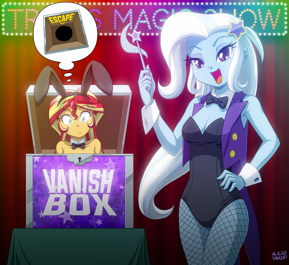 2girls fishnets leotard magic_show magician multiple_girls my_little_pony my_little_pony:_equestria_girls my_little_pony:_friendship_is_magic personification playboy_bunny sunset_shimmer tagme trixie_lulamoon trixie_lulamoon_(equestria_girls) uotapo