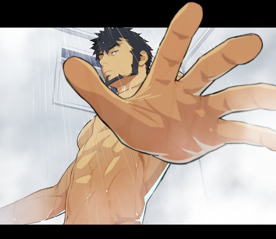 1boy abs bathroom black_hair facial_hair itto_(mentaiko) looking_at_viewer mabuchi_kyoma male_focus muscular nude pectorals pov shower tagme