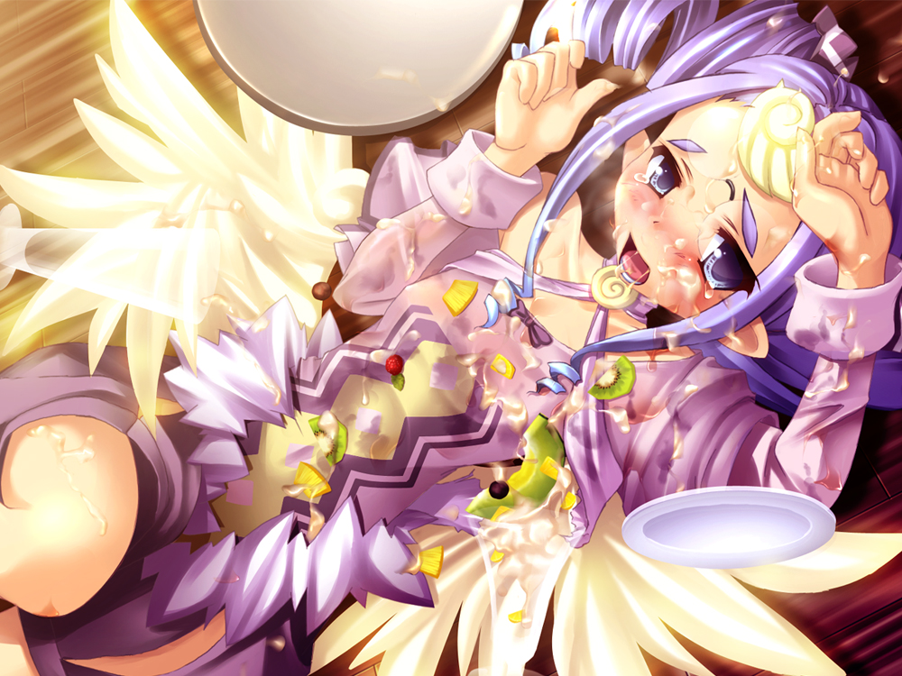 1girl angel blush dessert drill_hair female_focus food fruit glasses messy purple_eyes purple_hair riviel solo spill suggestive_fluid summon_night summon_night_4 tears wam wings