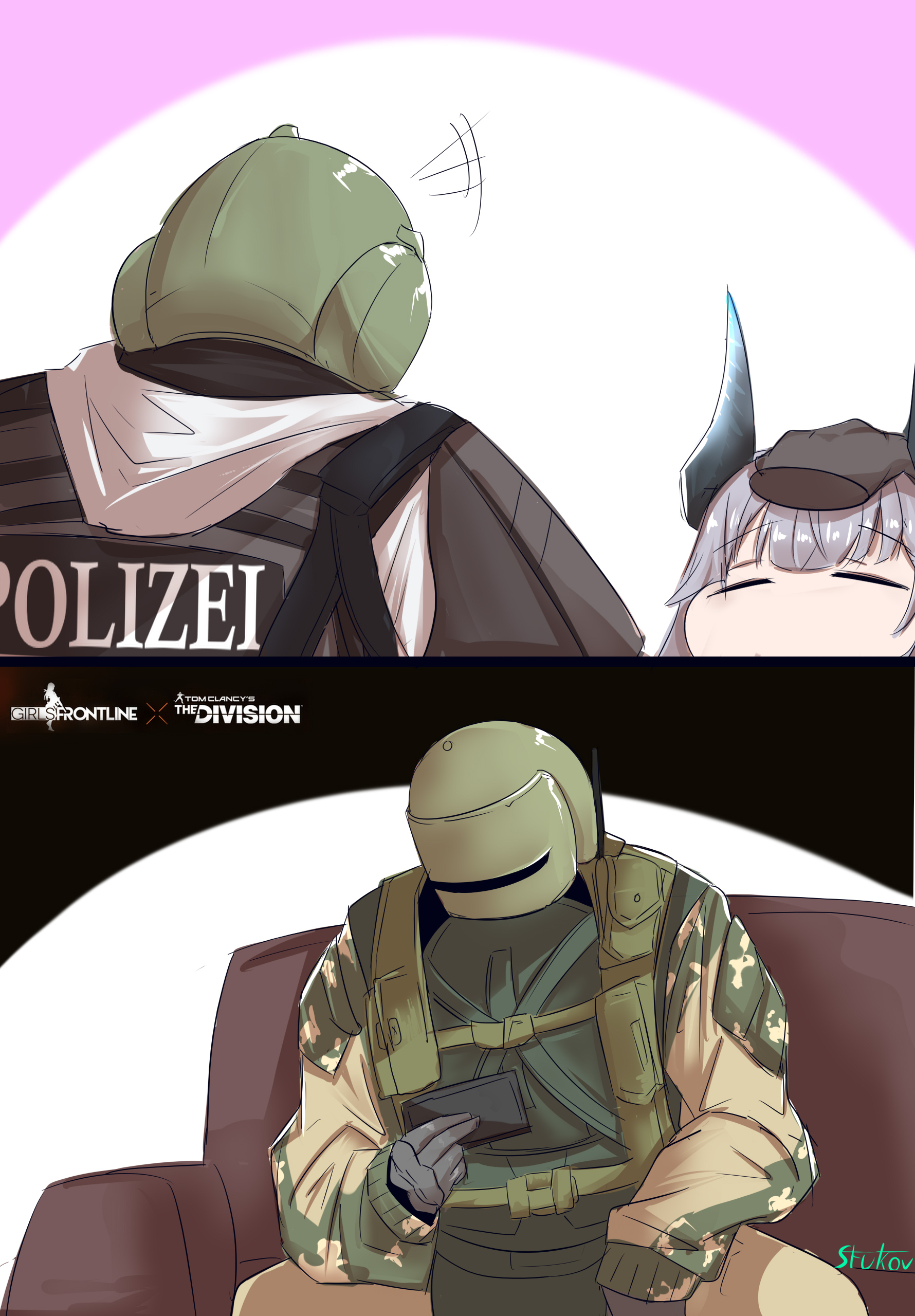 1girl 2boys absurdres arknights ballistic_face_mask ballistic_face_shield ballistic_helmet blitz_(rainbow_six_siege) body_armor camouflage cellphone closed_eyes crossover disembodied_hand english_text german_text gloves headpat helmet highres liskarm_(arknights) maska military military_uniform multiple_boys phone police police_uniform rainbow_six_siege stukov tachanka_(rainbow_six_siege) tactical_clothes visor visor_(armor)