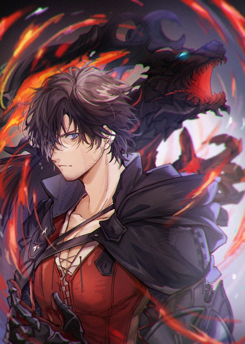 1boy armor aura beard beard_stubble black_armor black_cape black_hair cape chinstrap_beard claws clive_rosfield facial_hair fangs final_fantasy final_fantasy_xvi gauntlets glowing glowing_eyes horns ifrit_(final_fantasy) looking_at_viewer male_focus roaring scar scar_on_face stubble yurichi_(artist)