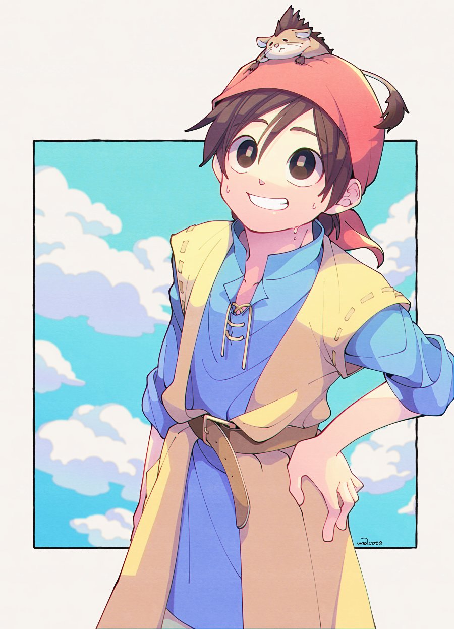 1boy bandana blue_sky border brown_eyes brown_hair cloud dragon_quest dragon_quest_viii grey_border hamster hamster_on_head hand_on_own_hip hero_(dq8) highres male_focus matatavi29q munchie_(dq8) outside_border protected_link red_bandana sky smile sweat teeth