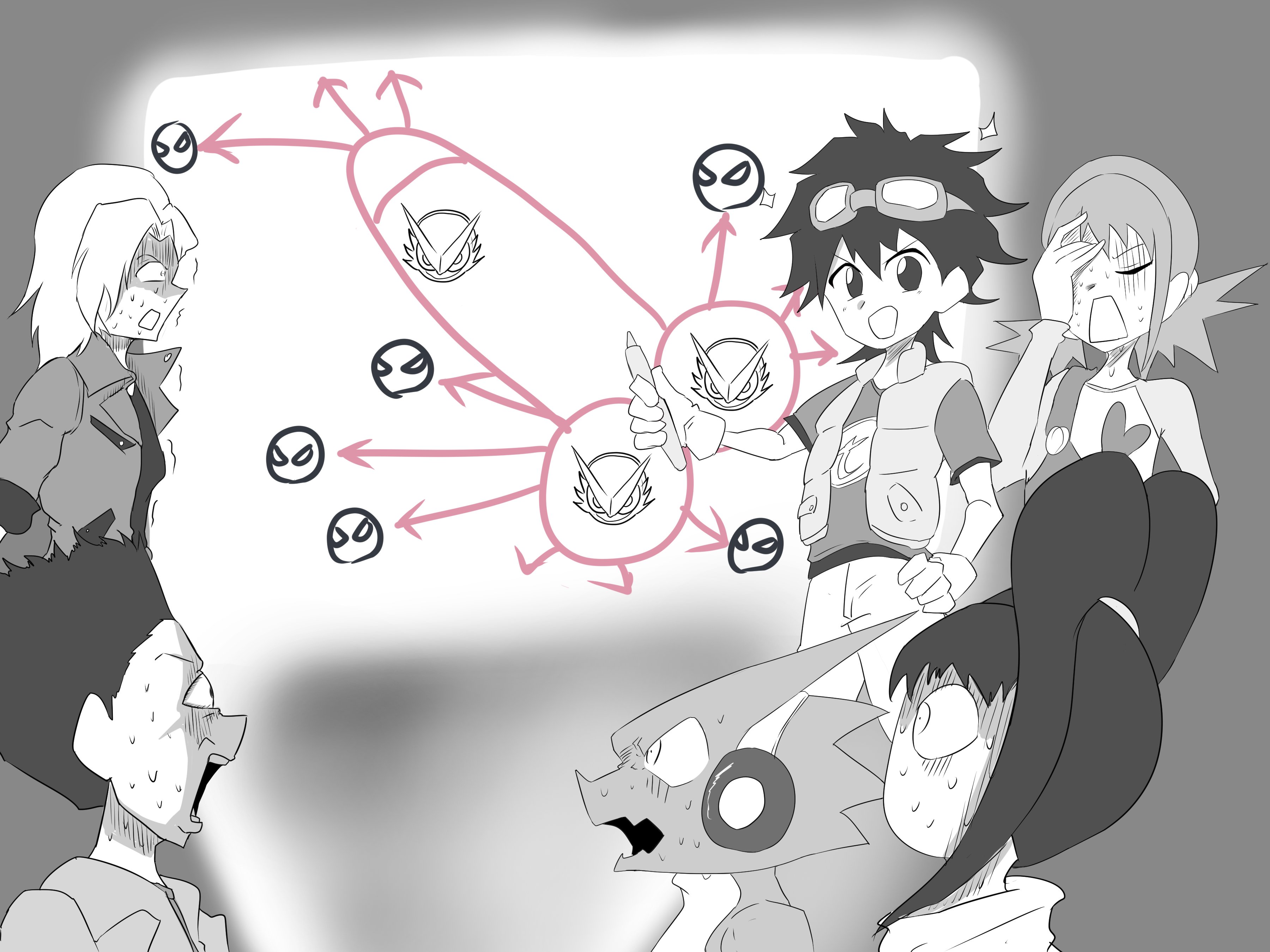 absurdres amano_nene_(digimon_xros_wars) aonuma_kiriha clueless digimon digimon_xros_wars hair_ornament hairclip headphones heart highres hinomoto_akari kudou_taiki long_hair looking_at_viewer meme orange_eyes red_hair shoutmon smile tsurugi_zenjirou twintails