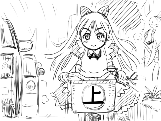 1girl :&gt; apron bicycle blush_stickers bow car dress female_focus frilled_dress frills gensoukoumuten greyscale hair_bow long_hair looking_at_viewer monochrome motor_vehicle neck_ribbon ribbon riding shanghai_doll short_sleeves sketch smile solo_focus touhou translated