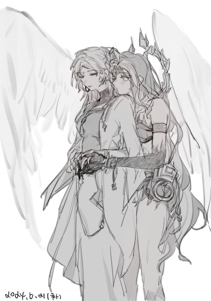 2girls blush breasts chinese_commentary claws closed_eyes closed_mouth commentary dated du_ruo_(path_to_nowhere) earrings feathered_wings gradient_skin greyscale hands_on_another&#039;s_waist head_on_another&#039;s_shoulder holding_hands jewelry long_hair looking_at_another medium_breasts monochrome multiple_girls path_to_nowhere robe skirt tooong4 wings yao_(path_to_nowhere) yuri