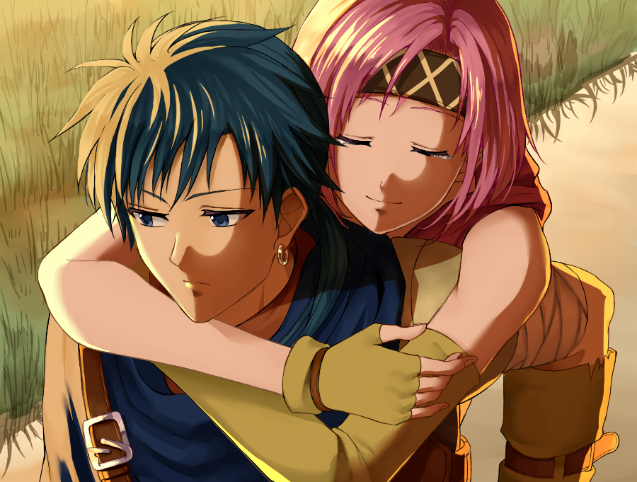 1boy 1girl asymmetrical_gloves blue_eyes blue_hair colm_(fire_emblem) crying delsaber earrings fire_emblem fire_emblem:_the_sacred_stones gloves hug hug_from_behind jewelry neimi_(fire_emblem) nintendo pink_hair tears