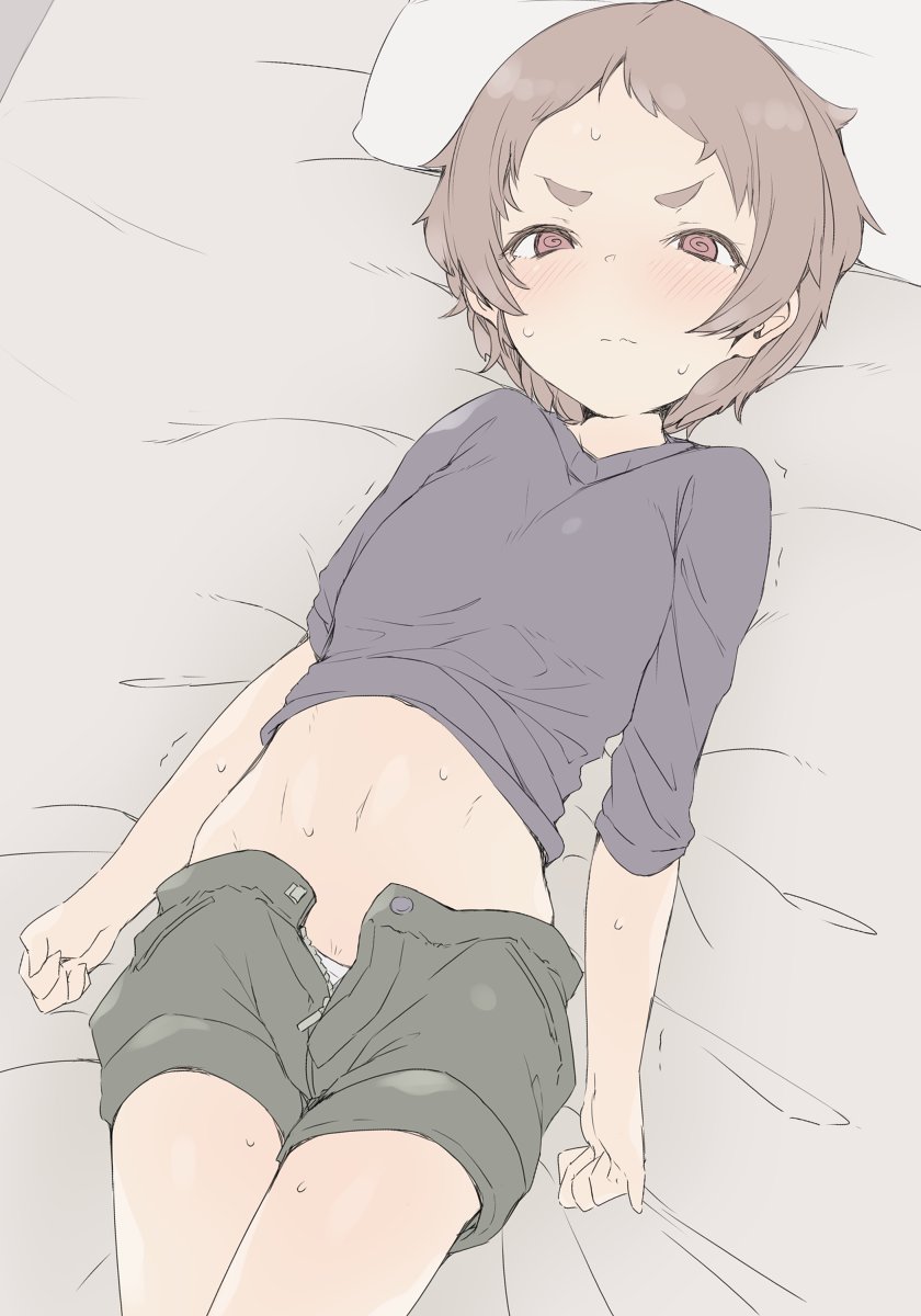 1girl blush brown_eyes brown_hair female_focus highres kohaku_q lying matsuri_(princess_connect!) navel on_back on_bed open_fly pillow princess_connect! princess_connect! short_hair short_shorts shorts solo @_@ sweat unbuttoned
