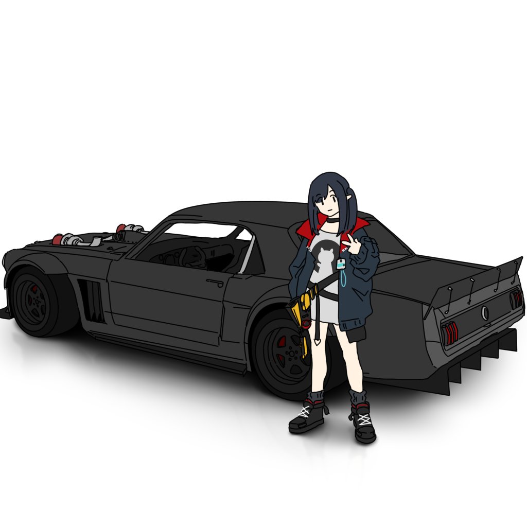1girl arknights black_boots black_car black_choker black_hair black_jacket black_socks boots car choker closure_(arknights) ford ford_mustang ford_mustang_(1st_generation) hand_up hoonigan jacket kofucchi long_sleeves motor_vehicle muscle_car open_clothes open_jacket pointy_ears side_ponytail simple_background socks solo standing two-sided_fabric two-sided_jacket v vehicle_focus white_background