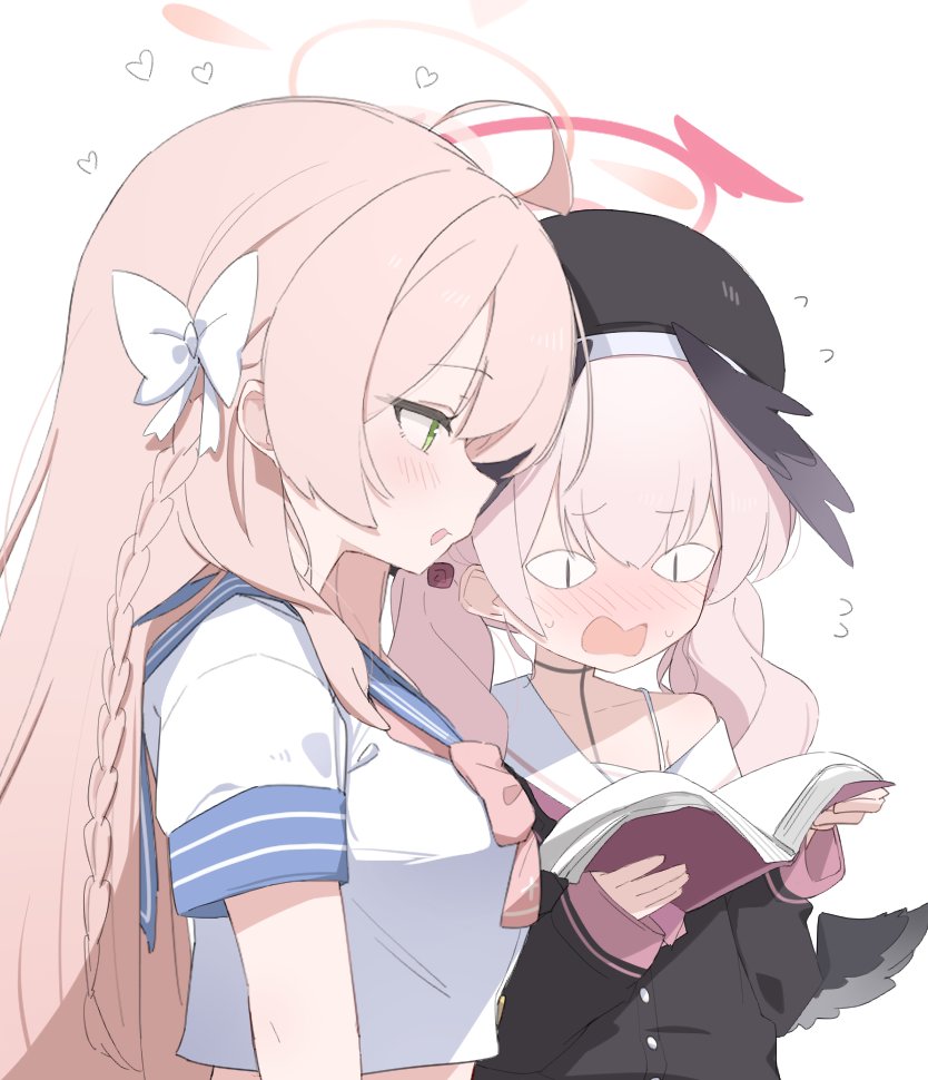 &lt;|&gt;_&lt;|&gt; 2girls ahoge beret black_hat black_shirt blue_archive blue_sailor_collar blush book bow bowtie bra bra_strap braid breasts collarbone commentary cropped_shirt feathered_wings flustered flying_sweatdrops from_side green_eyes grey_wings hair_between_eyes hair_bow halo hanako_(blue_archive) hands_up hat head_wings heart holding holding_book koharu_(blue_archive) large_breasts long_hair long_sleeves low_wings midriff mini_wings multiple_girls neckerchief no_nose open_book open_mouth pink_bow pink_bowtie pink_hair pink_halo pink_neckerchief pink_trim raised_inner_eyebrows sailor_collar school_uniform serafuku shirt short_sleeves side_braid sidelocks simple_background single_bare_shoulder single_braid single_off_shoulder sleeves_past_wrists small_breasts standing sweatdrop t-shirt tntl_nemui twintails underwear upper_body white_background white_bow white_bra white_sailor_collar white_shirt winged_halo winged_hat wings