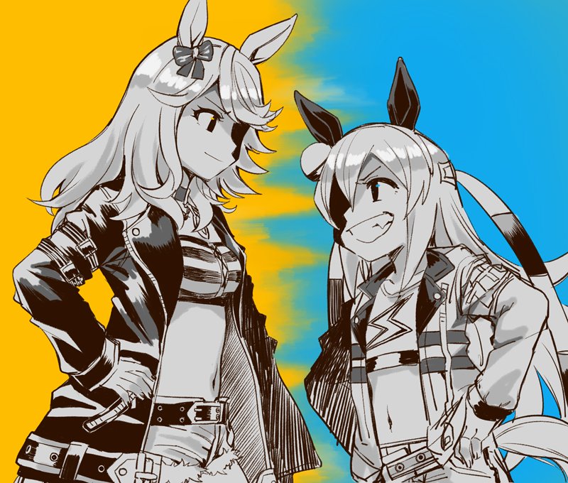 2girls animal_ears belt bow breasts closed_mouth cowboy_shot crop_top ear_bow eye_contact gold_city_(umamusume) greyscale_with_colored_background grin hand_on_own_hip horse_ears horse_girl horse_tail jacket long_hair long_sleeves looking_at_another midriff multicolored_hair multiple_girls navel okachi open_clothes open_jacket open_mouth pants shaded_face shorts small_breasts smile tail tamamo_cross_(umamusume) two-tone_hair umamusume v-shaped_eyebrows