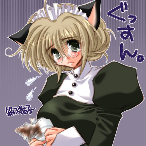 1girl ahoge animal_ears artist_name bad_id blonde_hair blood breasts cat_ears closed_mouth flying_sweatdrops frown glasses green_eyes hair_between_eyes hakoiri_nyanko holding_tissue juliet_sleeves large_breasts long_sleeves lowres maid_headdress original puffy_sleeves purple_background round_eyewear short_hair solo tears tissue upper_body