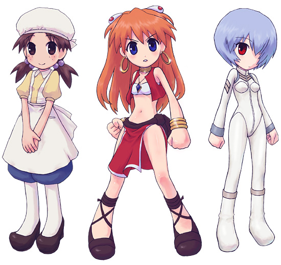 3girls ankle_lace-up apron ayanami_rei bandeau bandeau_bikini bare_shoulders bloomers blue_eyes blue_hair bracelet brown_eyes brown_hair chibi cosplay covering_face covering_own_eyes covering_privates earrings electra_(cosplay) electra_(nadia) emoncake. freckles fushigi_no_umi_no_nadia gainax hair_ornament hair_over_eyes hair_over_one_eye hairclip hat horaki_hikari ikolina_(cosplay) ikolina_(nadia) jewelry loincloth long_hair mecha_pilot_suit midriff multiple_girls nadia_la_arwall nadia_la_arwall_(cosplay) neck_ring necklace neon_genesis_evangelion pantyhose parody pelvic_curtain plugsuit_(evangelion) red_eyes red_hair sandals shoes short_hair simple_background souryuu_asuka_langley strapless tube_top twintails underwear vest white_background