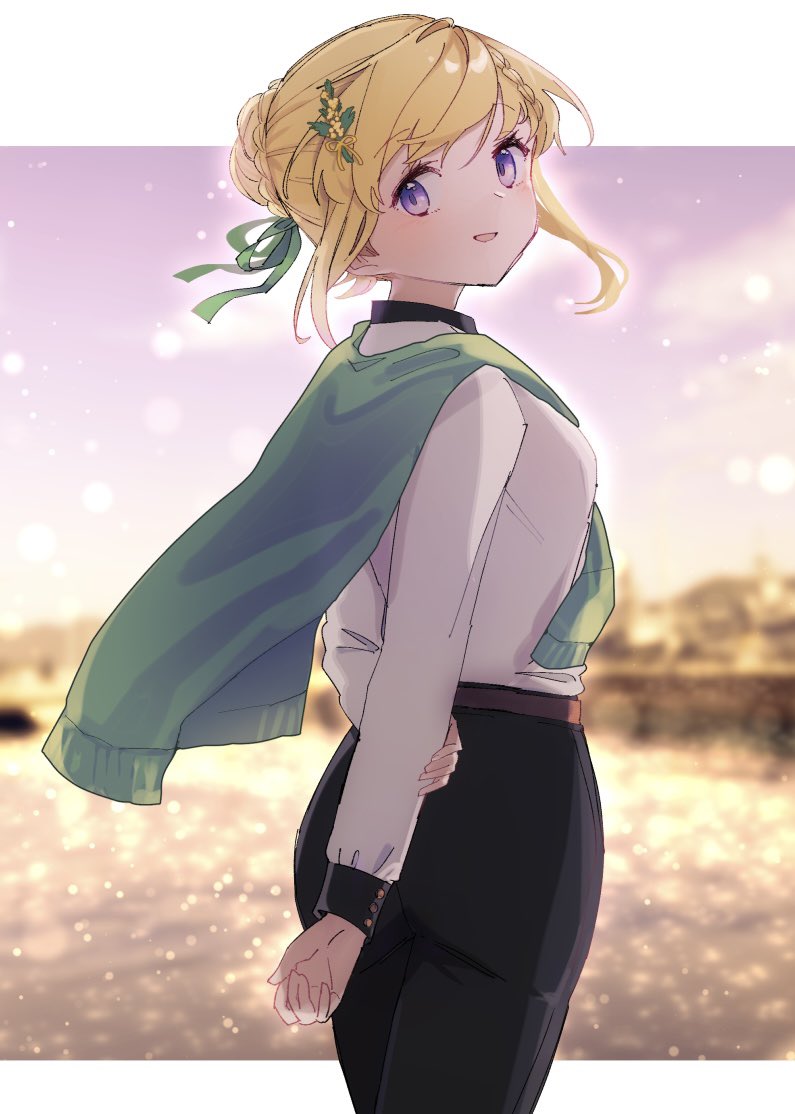 1girl alternate_costume arms_behind_back black_pants blonde_hair blurry blurry_background braid braided_bangs braided_bun breasts hair_bun kantai_collection long_hair long_sleeves looking_at_viewer looking_to_the_side outdoors pants perth_(kancolle) purple_eyes shirt sunset sweater_around_neck water white_shirt yamashichi_(mtseven)