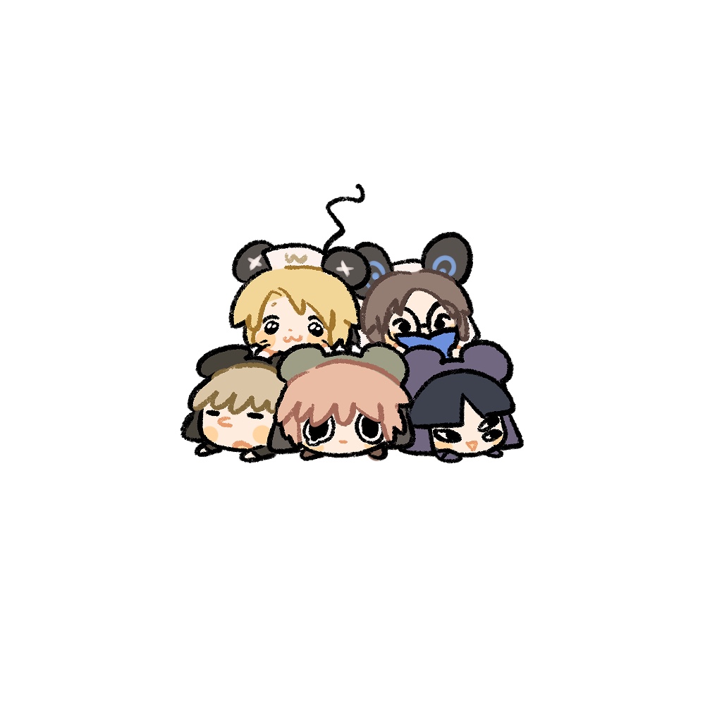 5boys black_hair blonde_hair brown_hair chibi commentary_request dogpile glasses hat kinder_surprised_michael_jr. male_focus mouse_boy mouse_hat mouse_tail multiple_boys orange_hair present_day_problem_takeuchi_robert randal&#039;s_friends ratman_3_(randal&#039;s_friends) ratman_4_(randal&#039;s_friends) ratman_5_(randal&#039;s_friends) sailor_hat shieriru short_hair simple_background stomach tail white_background