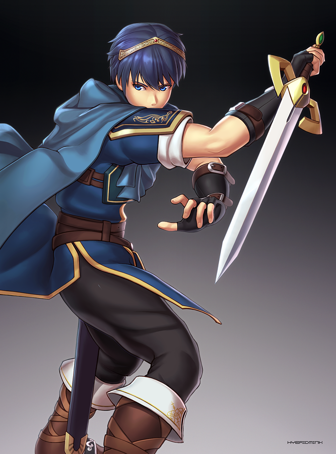 1boy armor artist_name black_gloves black_pants blue_armor blue_cape blue_eyes blue_hair blue_shirt boots brown_footwear cape commentary english_commentary falchion_(fire_emblem) fingerless_gloves fire_emblem gloves holding holding_sword holding_weapon hybridmink looking_to_the_side male_focus marth_(fire_emblem) nintendo pants scabbard sheath shielding shirt shoulder_armor strap super_smash_bros. sword tiara weapon
