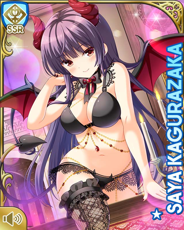 1girl black_bow black_bra black_panties black_thighhighs blue_hair bow bra brown_eyes card_(medium) chair character_name closed_mouth collarbone demon_girl demon_horns demon_tail demon_wings girlfriend_(kari) horns indoors kagurazaka_saya long_hair midriff navel night official_art panties qp:flapper sitting smile tagme tail thighhighs underwear wings