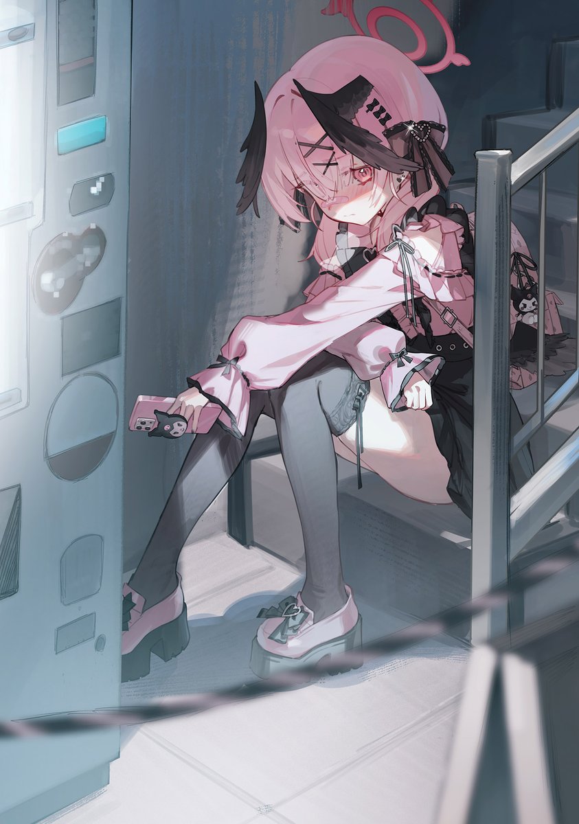 1girl backpack bag bandaid bandaid_on_face bandaid_on_nose bare_shoulders black_bow black_shoes black_skirt black_thighhighs black_wings_of_corrosion blue_archive blush bow cellphone clothing_cutout dark frilled_shirt_collar frills frown hair_between_eyes hair_bow hair_ornament halo head_wings highres holding holding_phone jirai_kei koharu_(blue_archive) kokko_(kokko3045) kuromi lace lace-trimmed_thighhighs lace_trim long_bangs long_hair long_sleeves looking_at_viewer miniskirt multicolored_shoes outdoors phone pink_bag pink_eyes pink_hair pink_halo pink_shirt pink_shoes raised_eyebrows shirt shoes shoulder_cutout sitting sitting_on_stairs skirt smartphone stairs straight_hair thighhighs two-tone_shoes vending_machine wings x_hair_ornament zettai_ryouiki