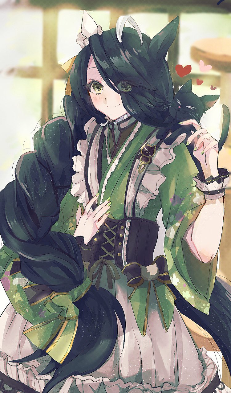 1girl ahoge animal_ears black_cat black_hair bow braid brown_corset cat corset ear_covers ear_ribbon frilled_kimono frills girdle green_kimono highres horse_ears horse_girl horse_tail japanese_clothes kimono long_bangs long_hair maid manhattan_cafe_(umamusume) manhattan_cafe_(verdant_night)_(umamusume) official_alternate_costume official_alternate_hairstyle riiko25chan single_braid single_ear_cover solo tail umamusume wa_maid yellow_eyes