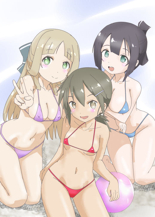 3girls :d ball beachball bikini black_hair blonde_hair blue_bikini blue_bow blush blush_stickers bow breasts brown_eyes brown_hair cleavage closed_mouth collarbone covered_erect_nipples folded_ponytail fudesato_muu green_eyes hair_between_eyes hair_bow hair_ornament hairclip kneeling large_breasts leaning_forward long_hair looking_at_viewer low_ponytail medium_breasts medium_hair micro_bikini minowa_gin multiple_girls navel nogi_sonoko open_mouth ponytail purple_bikini red_bikini short_hair short_ponytail small_breasts smile swimsuit tan thigh_gap v washio_sumi washio_sumi_wa_yuusha_de_aru yuusha_de_aru