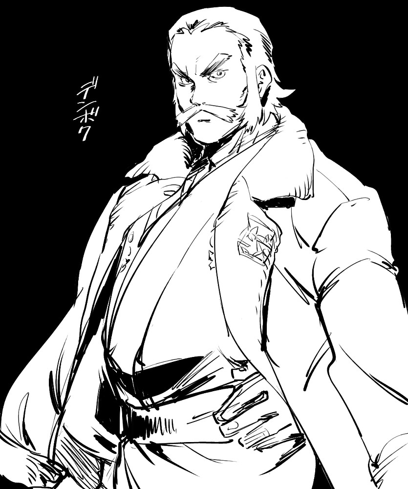 1boy beard black_background cowboy_shot facial_hair fur-trimmed_jacket fur_trim greyscale hand_on_own_hip jacket jacket_on_shoulders japanese_clothes japanese_text kamado_(pokemon) logo looking_at_viewer male_focus mature_male monochrome mustache nintendo pokemon pokemon_legends:_arceus sanwari_(aruji_yume) sash short_hair sideburns sketch solo thick_eyebrows