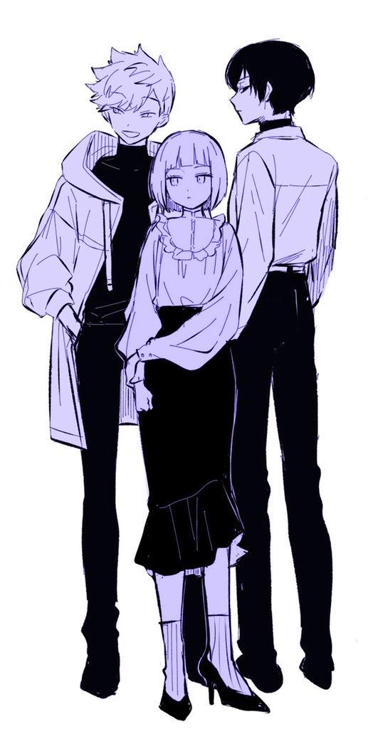 1girl 2boys bob_cut closed_mouth collared_shirt frown full_body hand_in_pocket high_heels hiyami_aki hood hood_down hooded_jacket inukai_sumiharu jacket kuzumiya_yuyu long_sleeves looking_at_viewer looking_away monochrome multiple_boys open_clothes open_jacket open_mouth pants pencil_skirt profile puffy_long_sleeves puffy_sleeves shirt shirt_tucked_in shoes short_hair sideways_glance simple_background sketch skirt smile socks standing tight_clothes tight_shirt tsuji_shinnosuke world_trigger