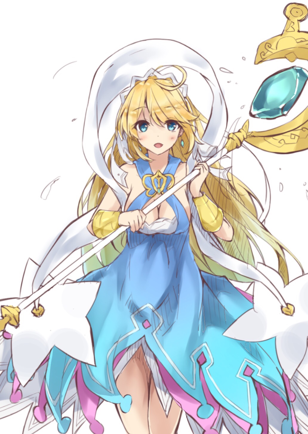 1girl :d bare_shoulders blonde_hair blue_dress blue_eyes breasts chiki_koutei cleavage commentary_request dragalia_lost dress earrings hair_between_eyes highres holding holding_staff jewelry long_hair looking_at_viewer medium_breasts open_mouth sideboob sleeveless sleeveless_dress smile solo staff very_long_hair white_background zethia